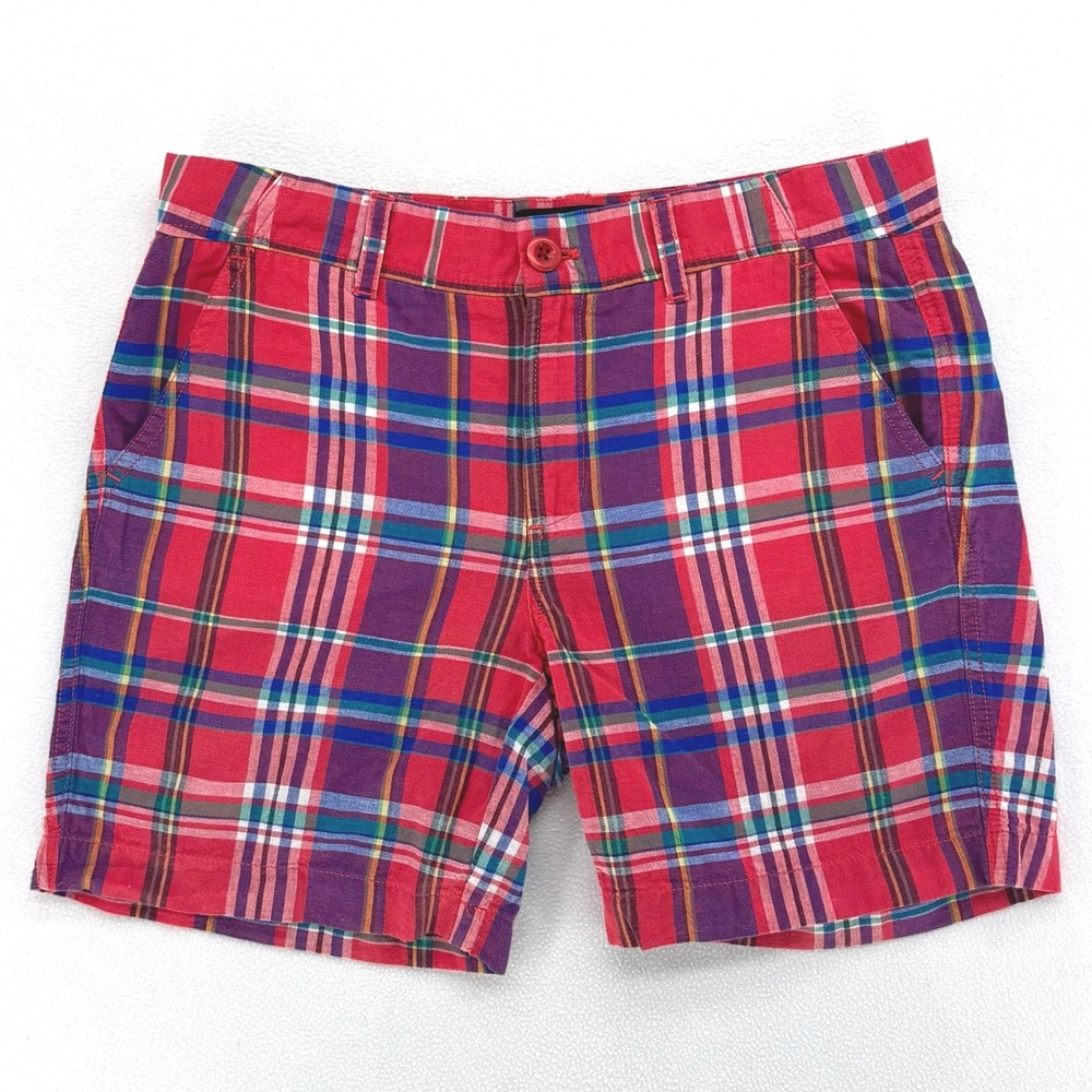 J.Crew Plaid Chino Shorts Womens 6 Red Multi Cotton Linen Madras Preppy Mid Rise